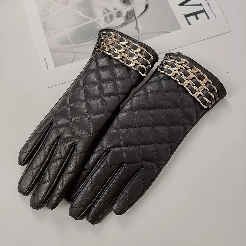 Women Black Chain Thickened Plush PU Leather Gloves
