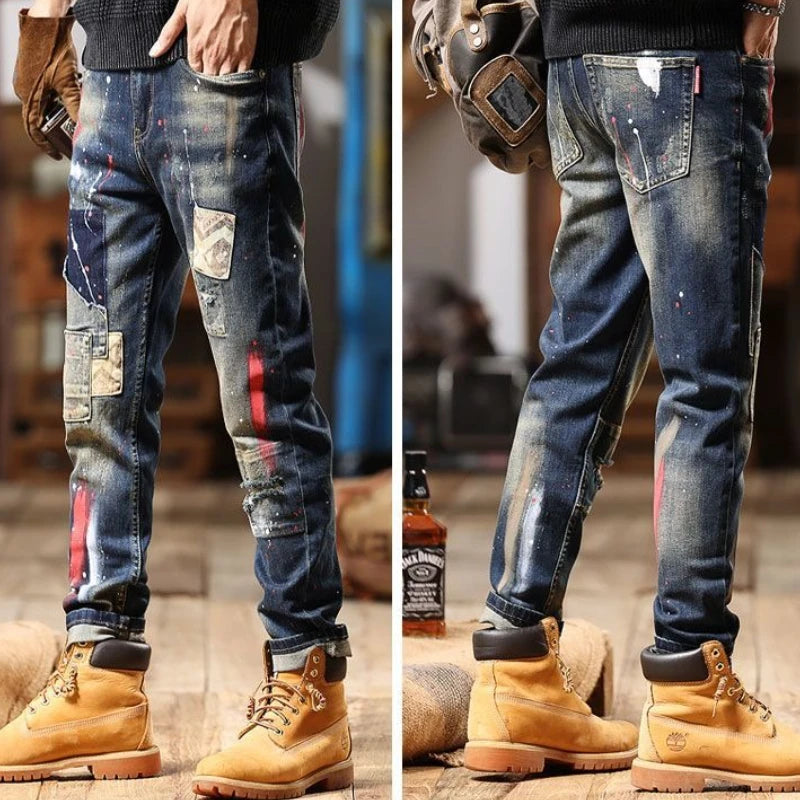 Tapered Jeans for Men Tight Pipe Washed Luxury Wide Leg Stacked Slim Fit Trousers Stylish Casual Kpop Xs Skinny Man Cowboy Pants