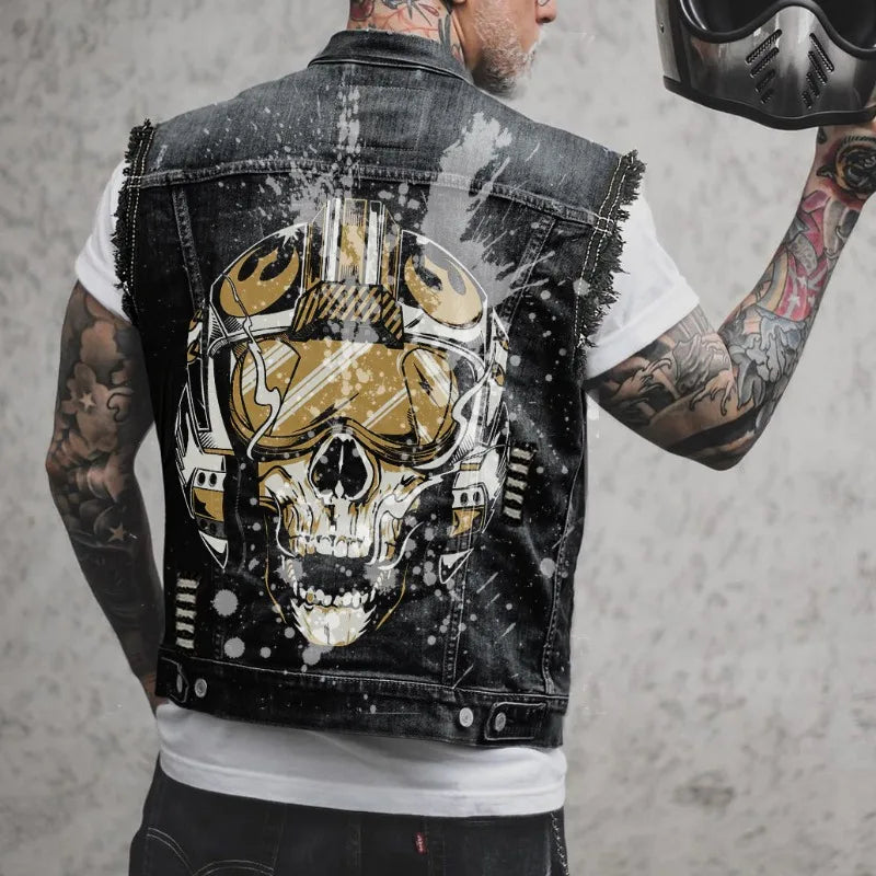 Mens denim jackets high street trend rock punk streetwear motorcycle vests vintage