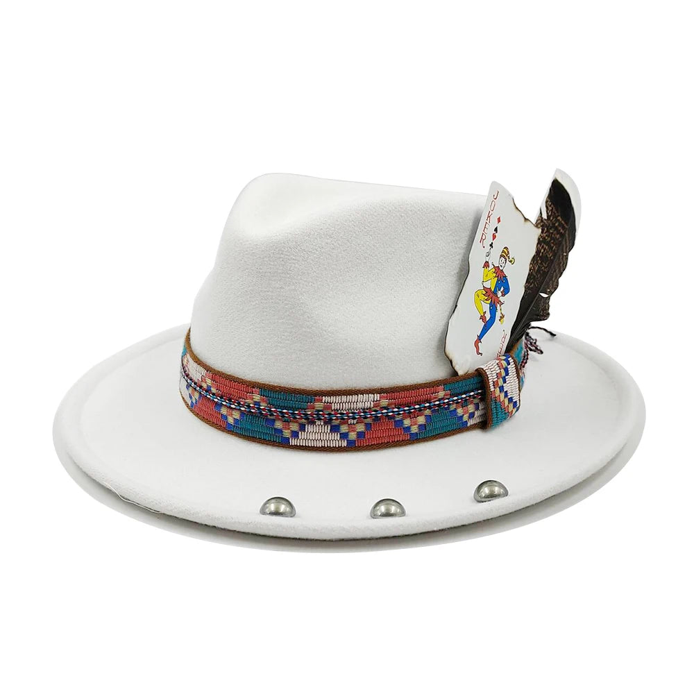 Feather Fedoras Hat for Men Women Black Felt Wide Brim Jazz Cap Plum Blossom 8 Playing Card