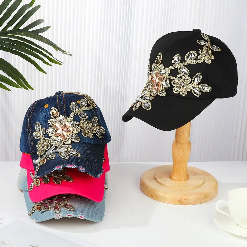 Diamond-studded Baseball Caps Cowboy Hat Cap Golden Flowers