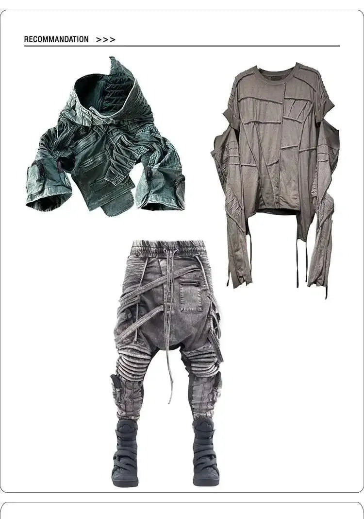 Men and Waste Soil Style  Asymmetric Deconstruction Pleated Jacket Futuristic Washed Short Coat Male