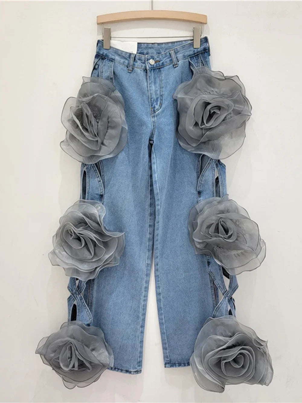 Female Flower Stitching Hollow Out High Waist Loose Jeans Pants Fashion Women'S Wide Leg Oversized Denim Trousers
