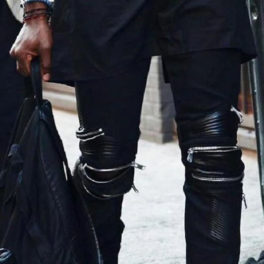 Stage Street Dance Leather PU Zipper Jeans Slim Fit Long Trousers Men's plus Size Cuffed Straight Leg