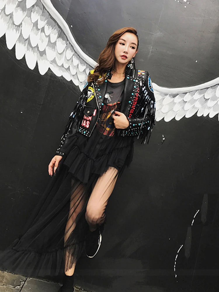 2026 new European style tassel rivet print trendy leather jacket motorcycle version street fashion