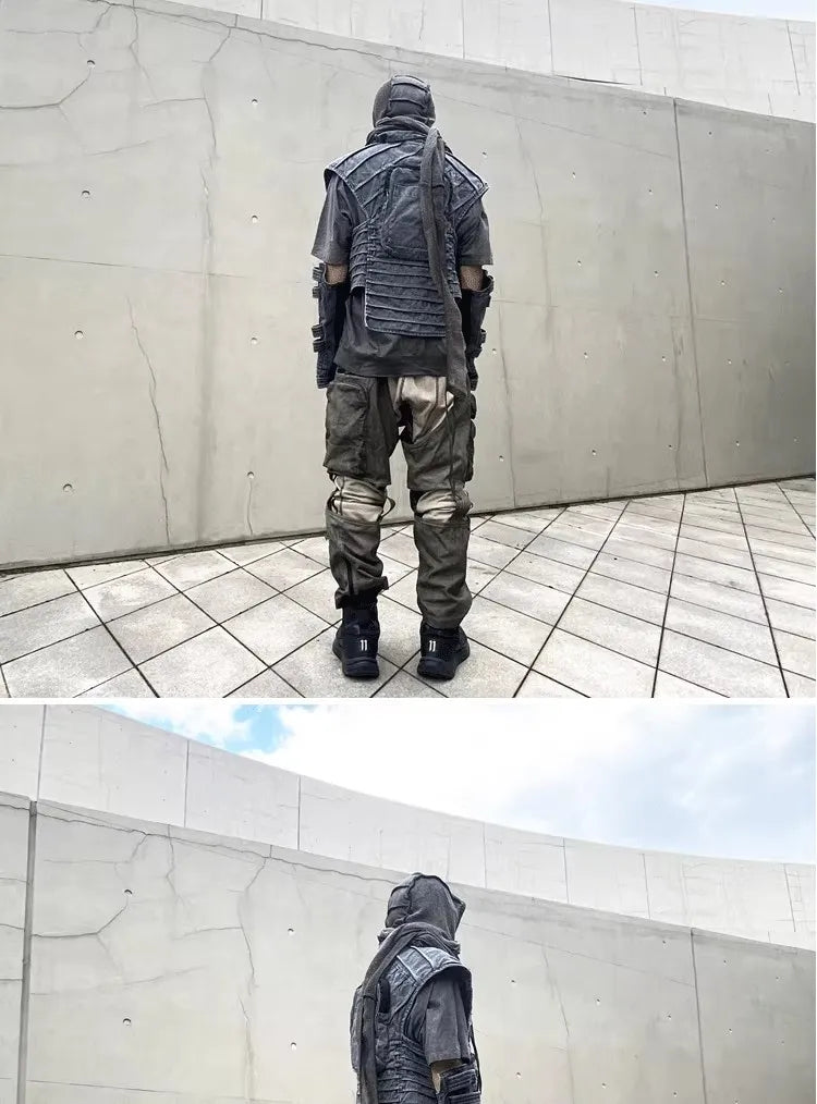 Pioneer Waste Soil Sand Dune Heavy Industry washed Asymmetric stereoscopic Bag Layered High Collar Vest coat