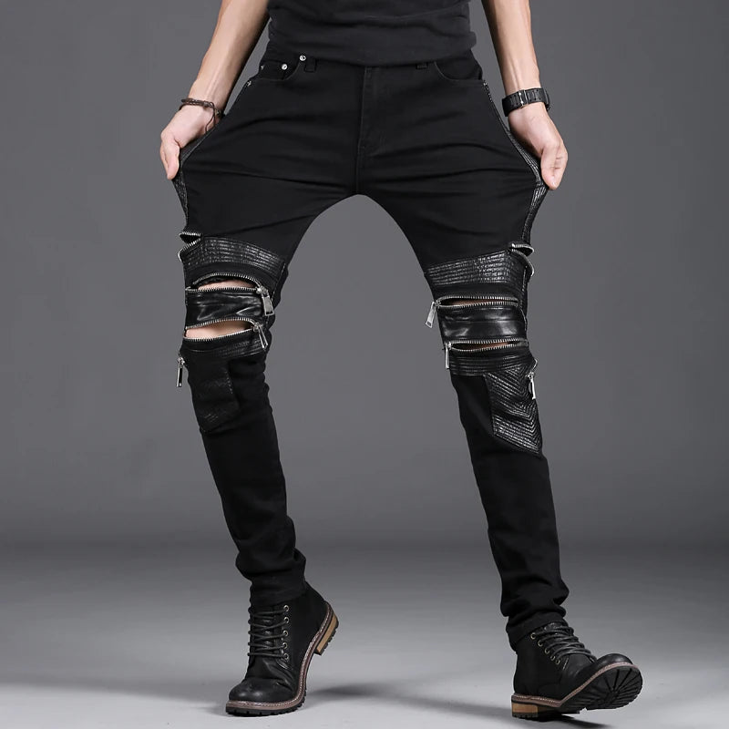 uxi Men's Slim Fit Elastic Leather Patchwork Jeans Breathable Multi-Zipper Casual Cotton Stretch Denim
