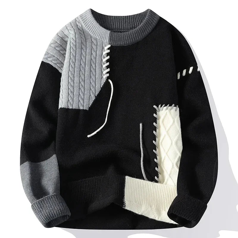 Men Patchwork Sweater O Neck Pullovers Spliced Long Sleeve  Wool Casual