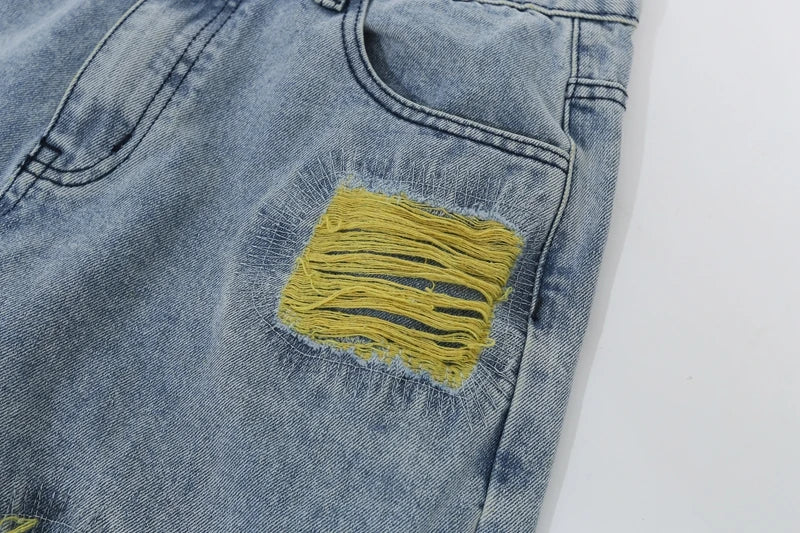 Embroidered Patch Denim Ripped  Streetwear Pleated Tassels Distressed Destroyed