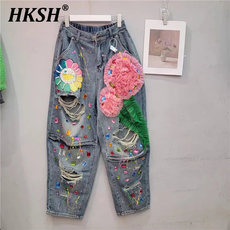 HKSH Spring Summer New Women Ins Chic High Street Three-dimensional Flower Diamonds Jeans Casual Elastic Waist Long Pants