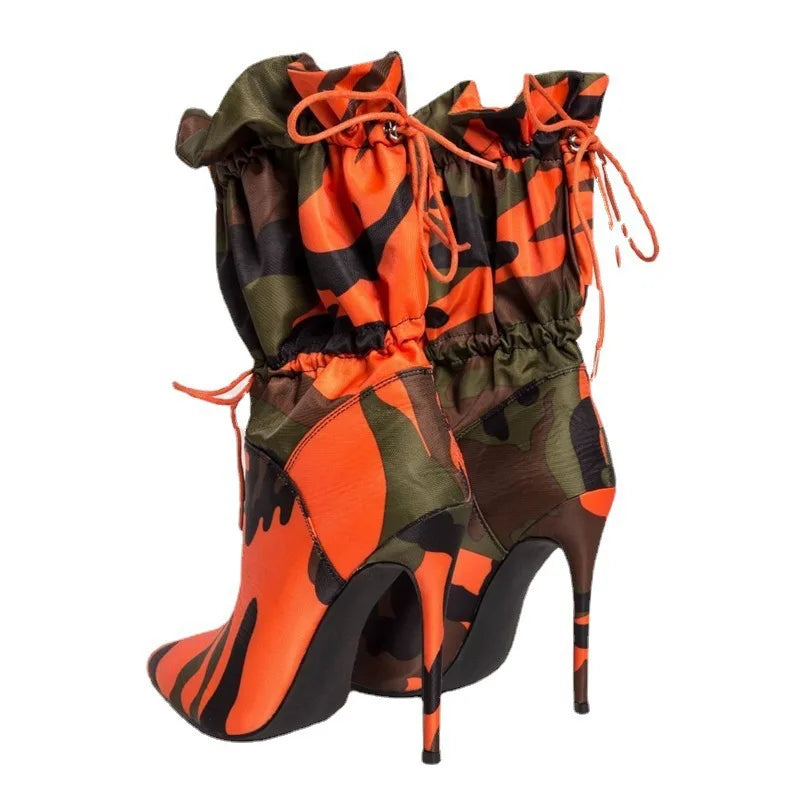 High Heels Pointed Toe Mid Calf Boots for Women Fashion Camouflage Stiletto Lace Up Women's Shoes Botas Mujer