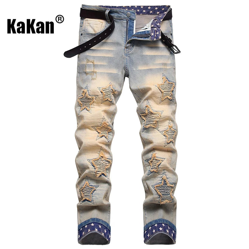 Kakan - New European and American Embroidered and Embroidered Long Jeans for Men's Wear, Retro Cuffed Fashion Stretch Jeans
