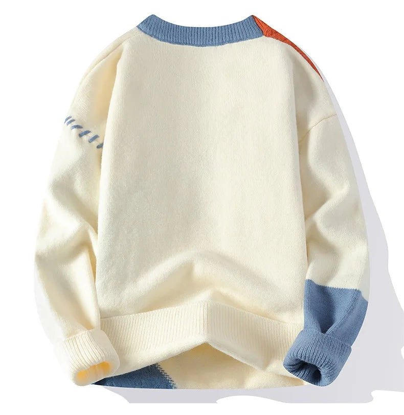 Men Patchwork Sweater O Neck Pullovers Spliced Long Sleeve  Wool Casual