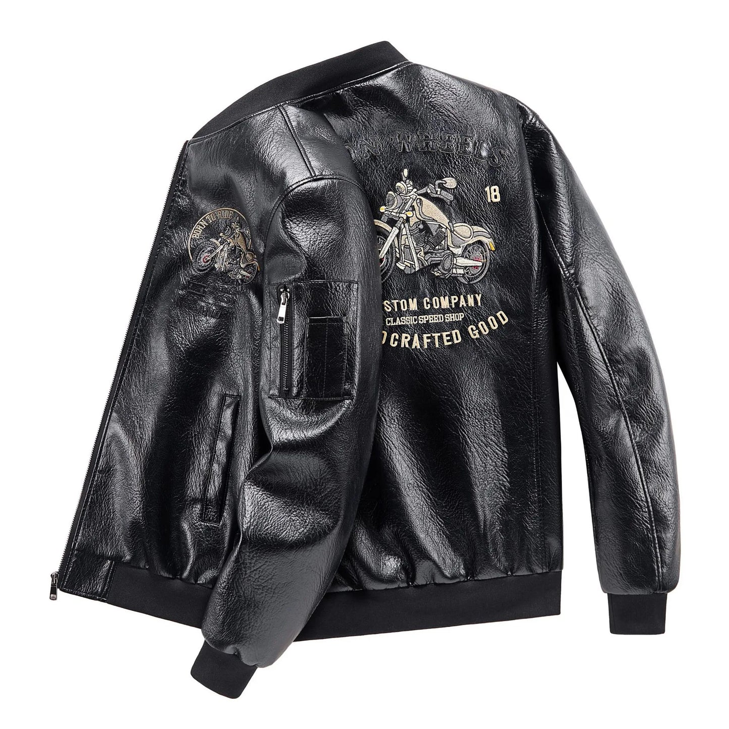 Autumn Winter Men Leather Jacket Motorcycle Punk Embroidery Stand Collar Male Plush Coat Waterproof Long Sleeve Man Outerwear