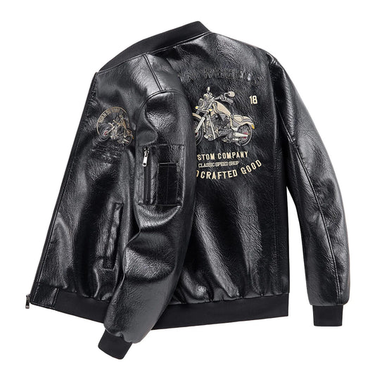 Autumn Winter Men Leather Jacket Motorcycle Punk Embroidery Stand Collar Male Plush Coat Waterproof Long Sleeve Man Outerwear