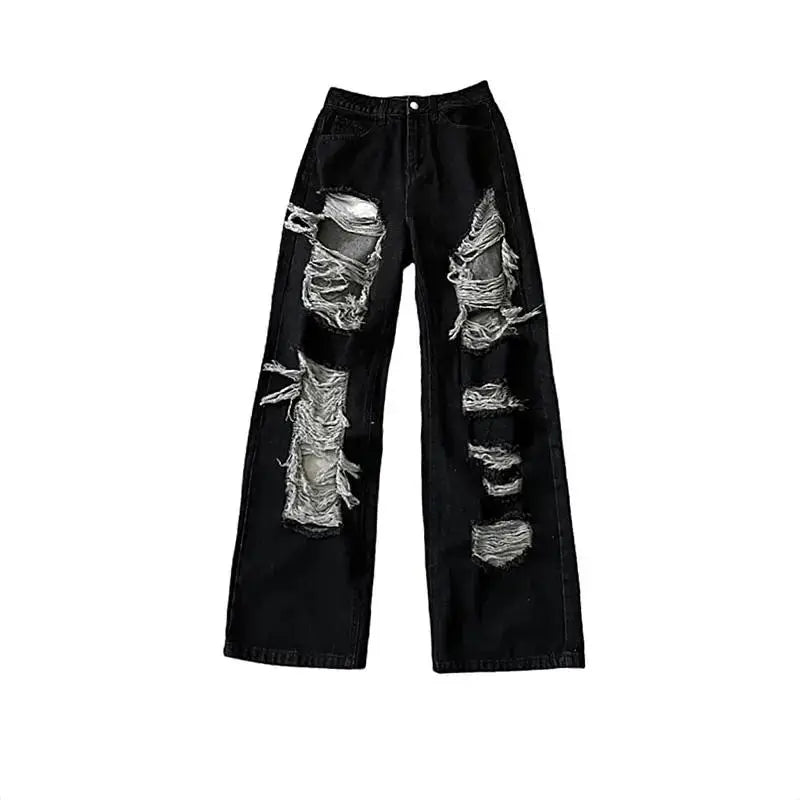 New Front-Rear  Broken Hole Jeans All-Match Distressed Women High Street Hip Hop High Waist Straight Loose Trousers