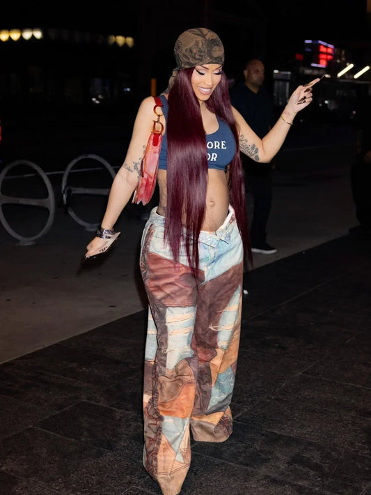 Women Denim Casual Leather Wide Leg Pants Streetwear Lady Loose Straight-Leg Jeans