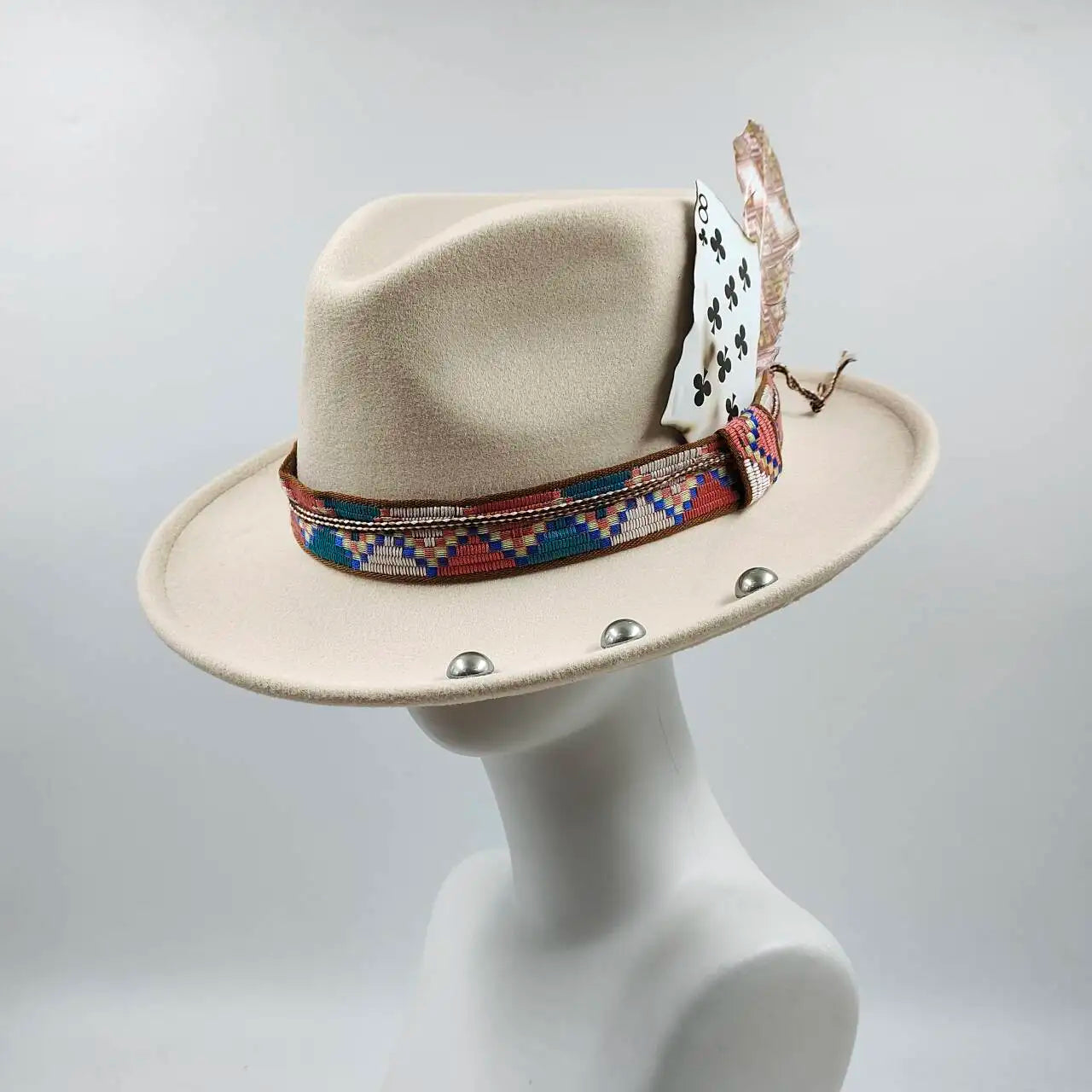 Feather Fedoras Hat for Men Women Black Felt Wide Brim Jazz Cap Plum Blossom 8 Playing Card