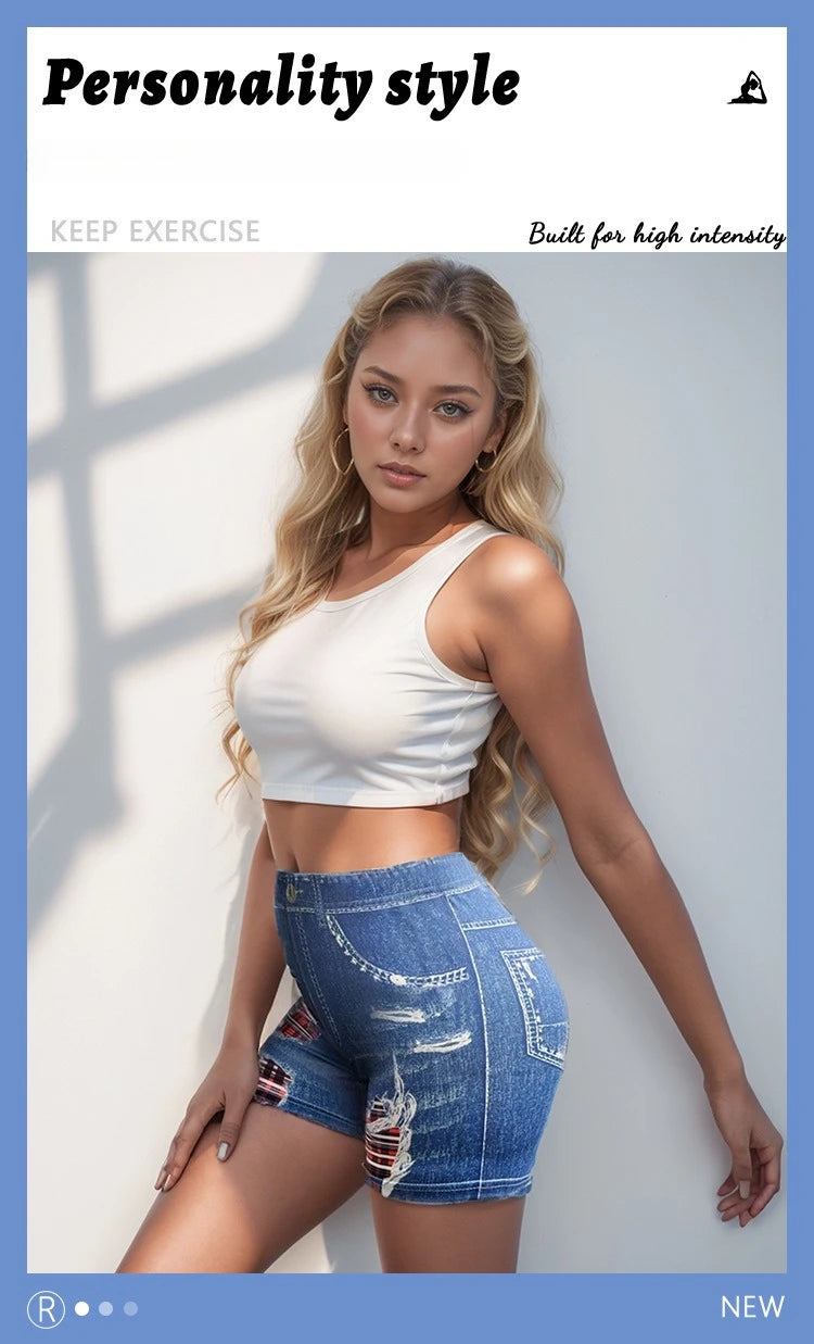 Girls Ripped Denim Shorts High Elasticity Hip Lifting Sports Shorts