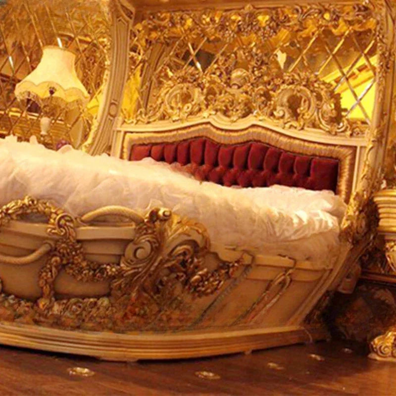 European-Style Wood Carved Double Bed Luxury Boat Style French Fabric Princess Villa Bedroom Furniture Bedroom Set Muebles