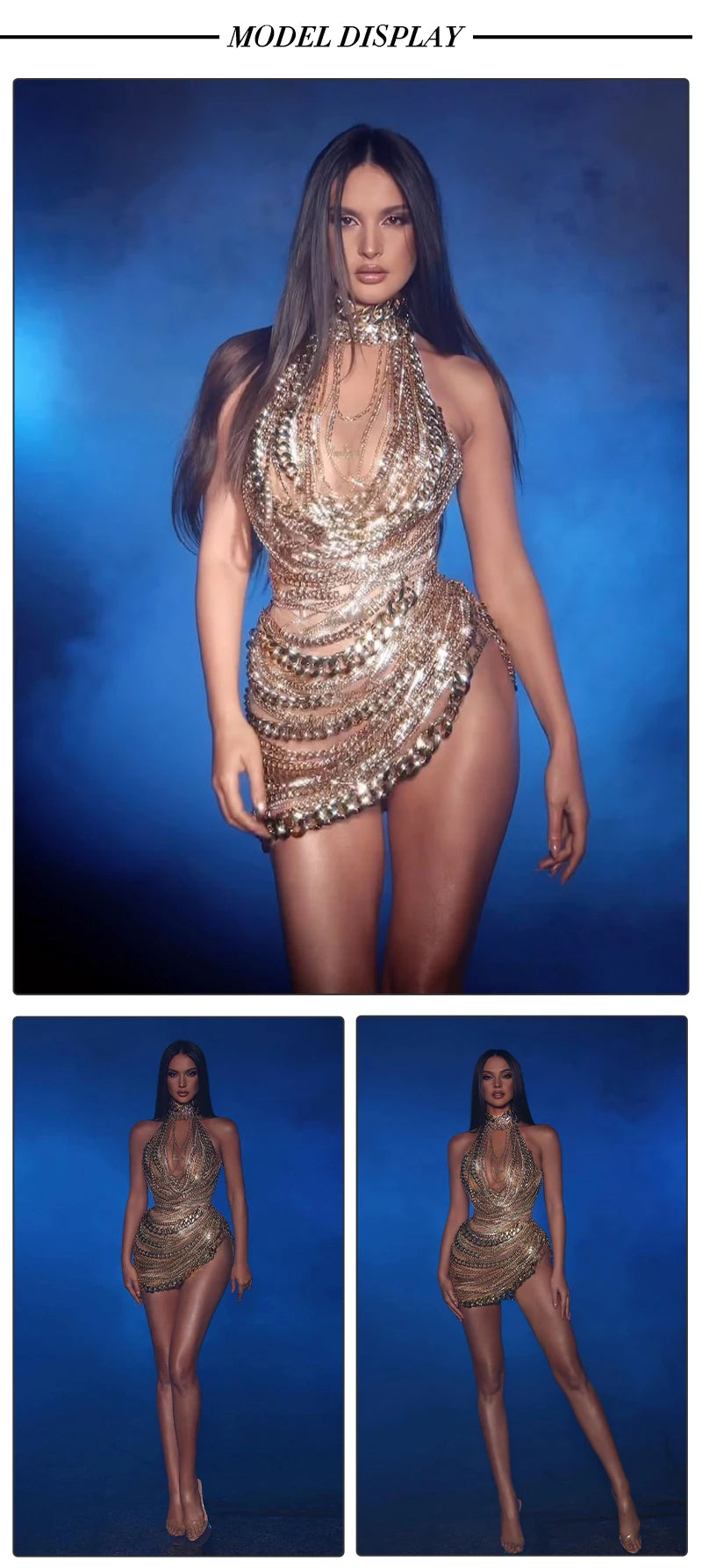 Glamorous Gold Metal Chain - Embellished Halter Mini Dress Side Splitt Club Nights luxury Dresses Vestidos