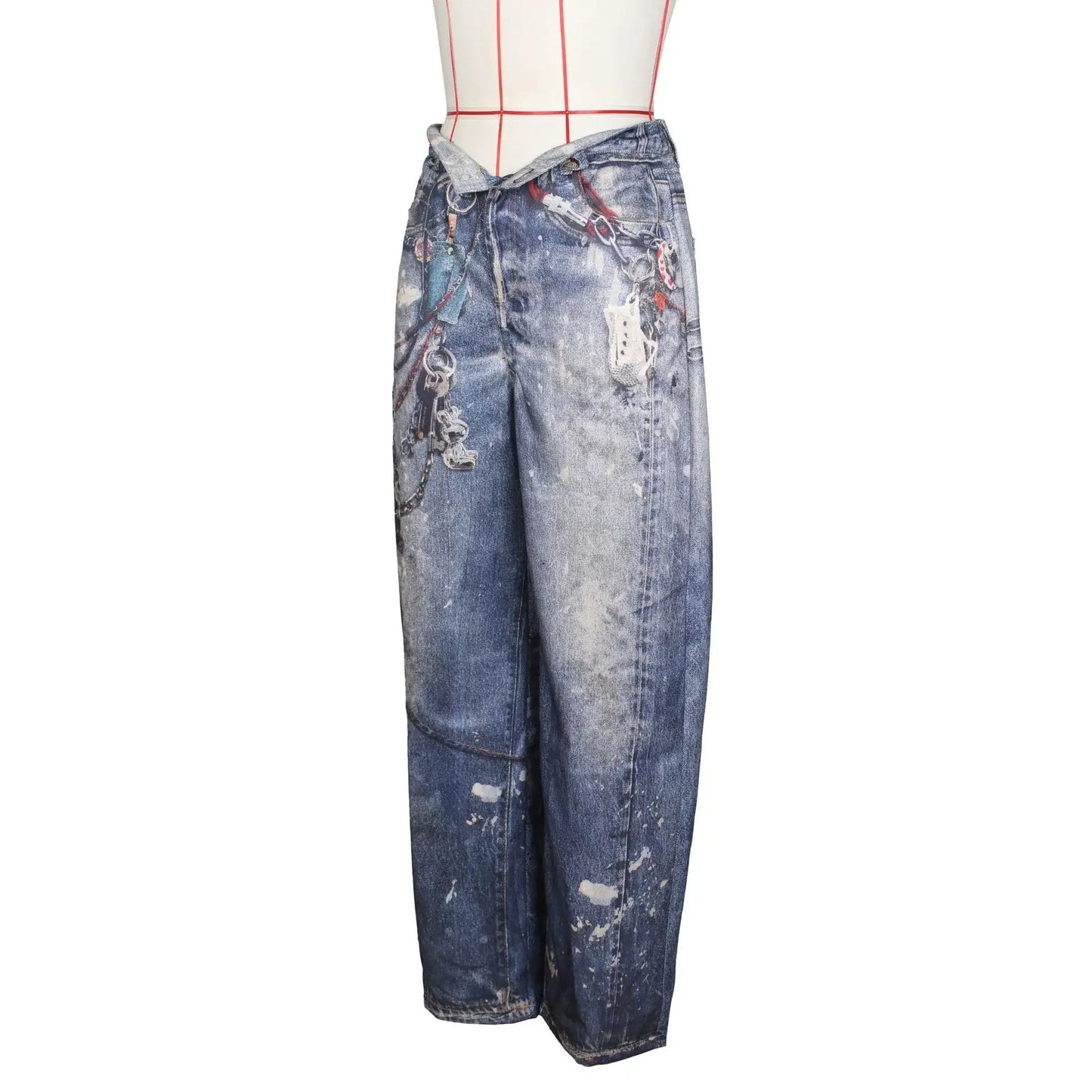 Women Denim Casual Leather Wide Leg Pants Streetwear Lady Loose Straight-Leg Jeans