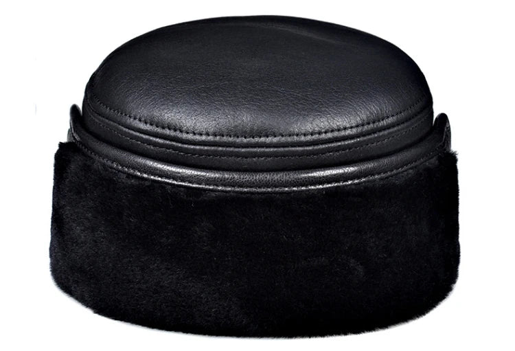 High Quality Genuine Leather Hats Winter First Layer Cowhide Warm Earmuffs Bomber Caps Plus Velvet Thicken Man Bone Caps Dad Hat