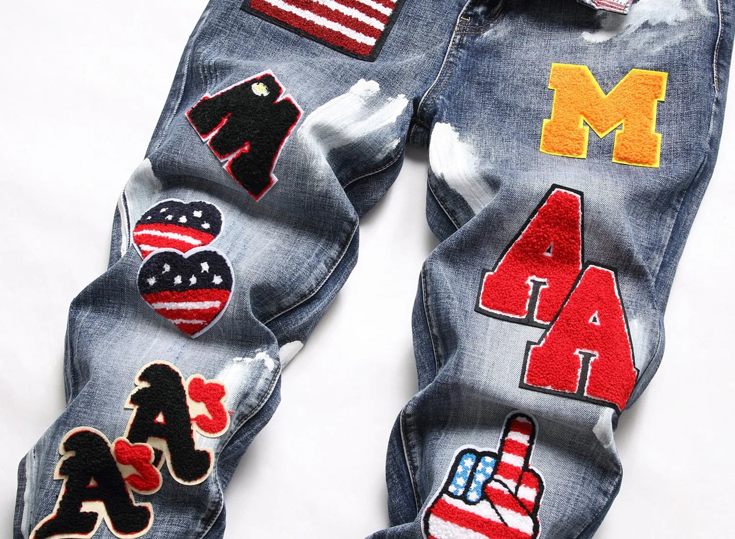 European and American process washed personalized embroidered with badges elastic jeans