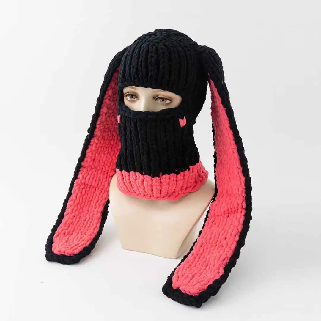 Little Devil Handmade Knitted Hat Thickened Warm Velvet Hat Face Mask Funny Ear Sweet Winter Trendy Hat