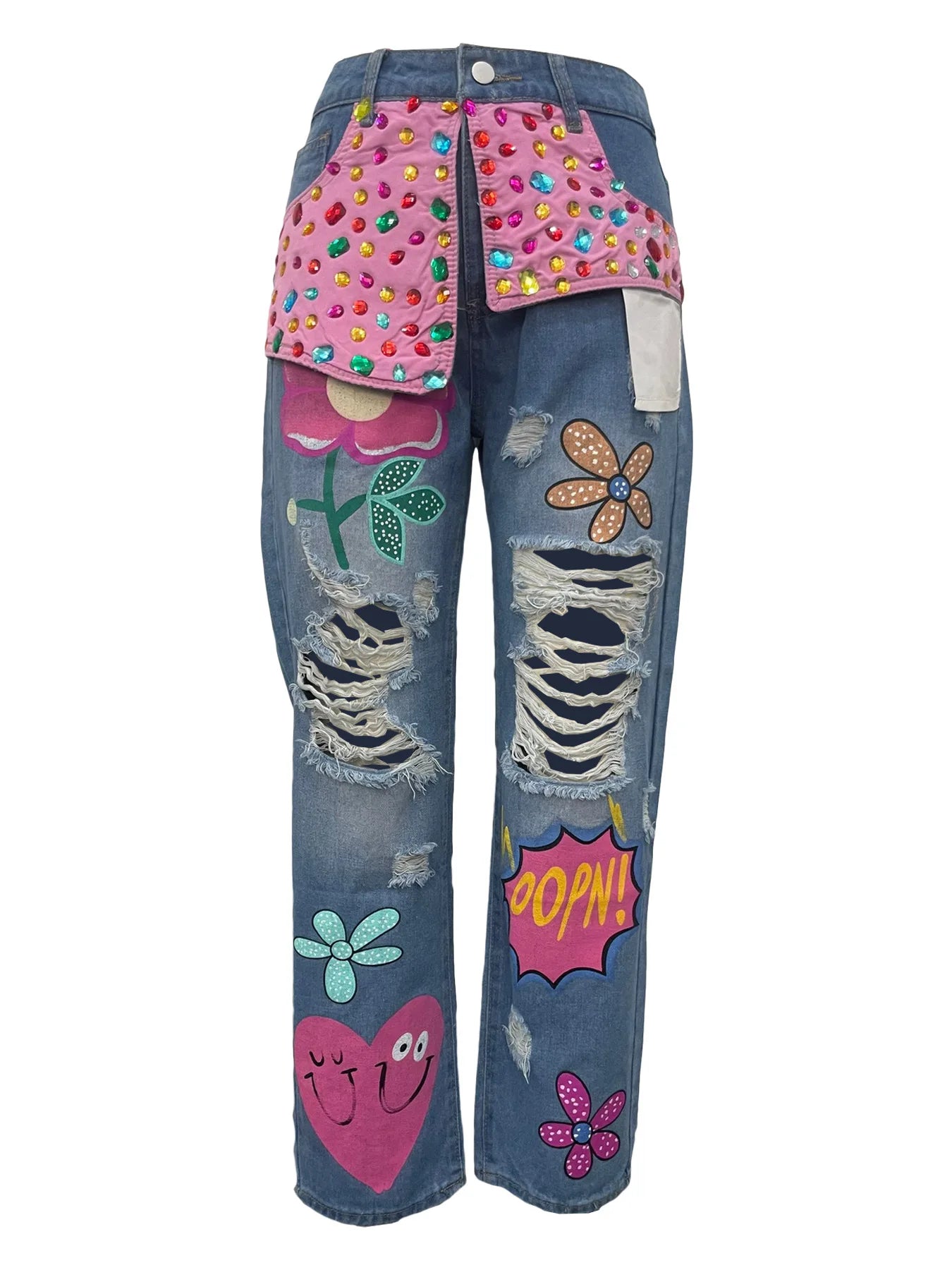 Hole Fashion Diamond Splicing Loose Jeans Women Denim Trousers Casual Female Streetwear