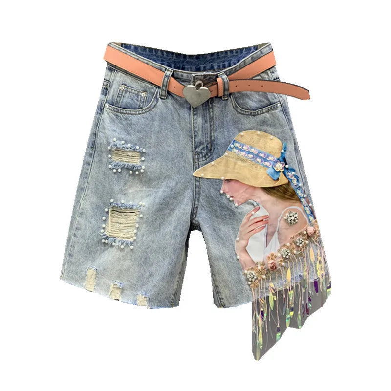Denim Shorts Womens Heavy Industry Beauty Map Tassel Sequins Beads Broken Hole Five-point Denim Shorts Summer Y2K Straight Pants
