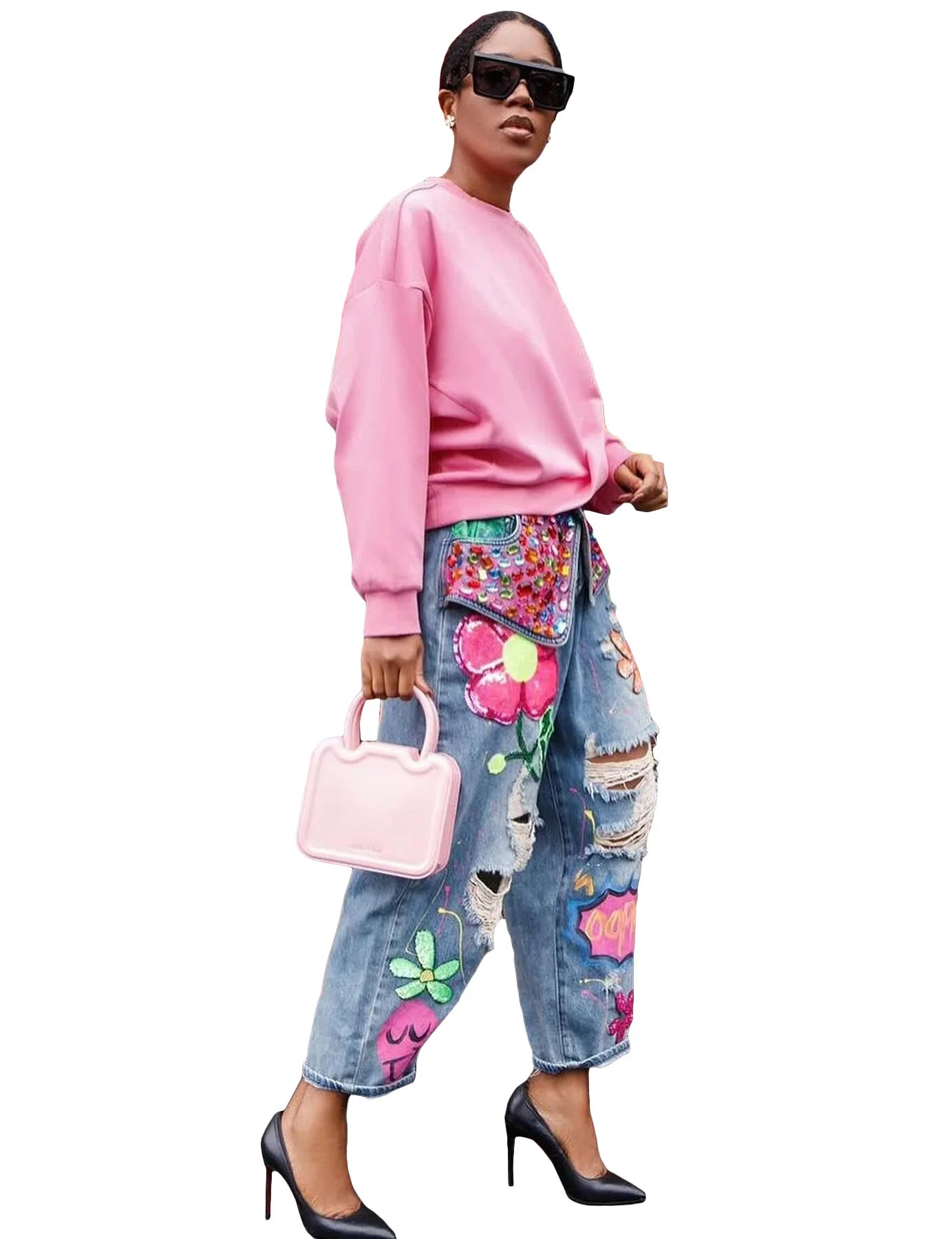 Hole Fashion Diamond Splicing Loose Jeans Women Denim Trousers Casual Female Streetwear