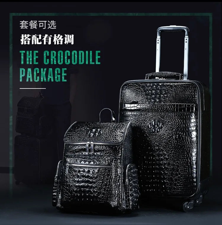 Genuine Leather crocodile pattern travel luggage with handbag backpack men's first layer cowhide trolley suitcase boarding case