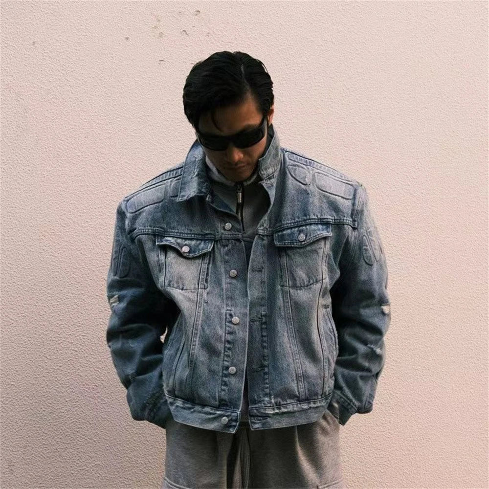 Kanye Co Branded Armor Hole Denim Jeans Jacket Men Women Nice Washed Heavy Fabric Unisex Jackets Coat