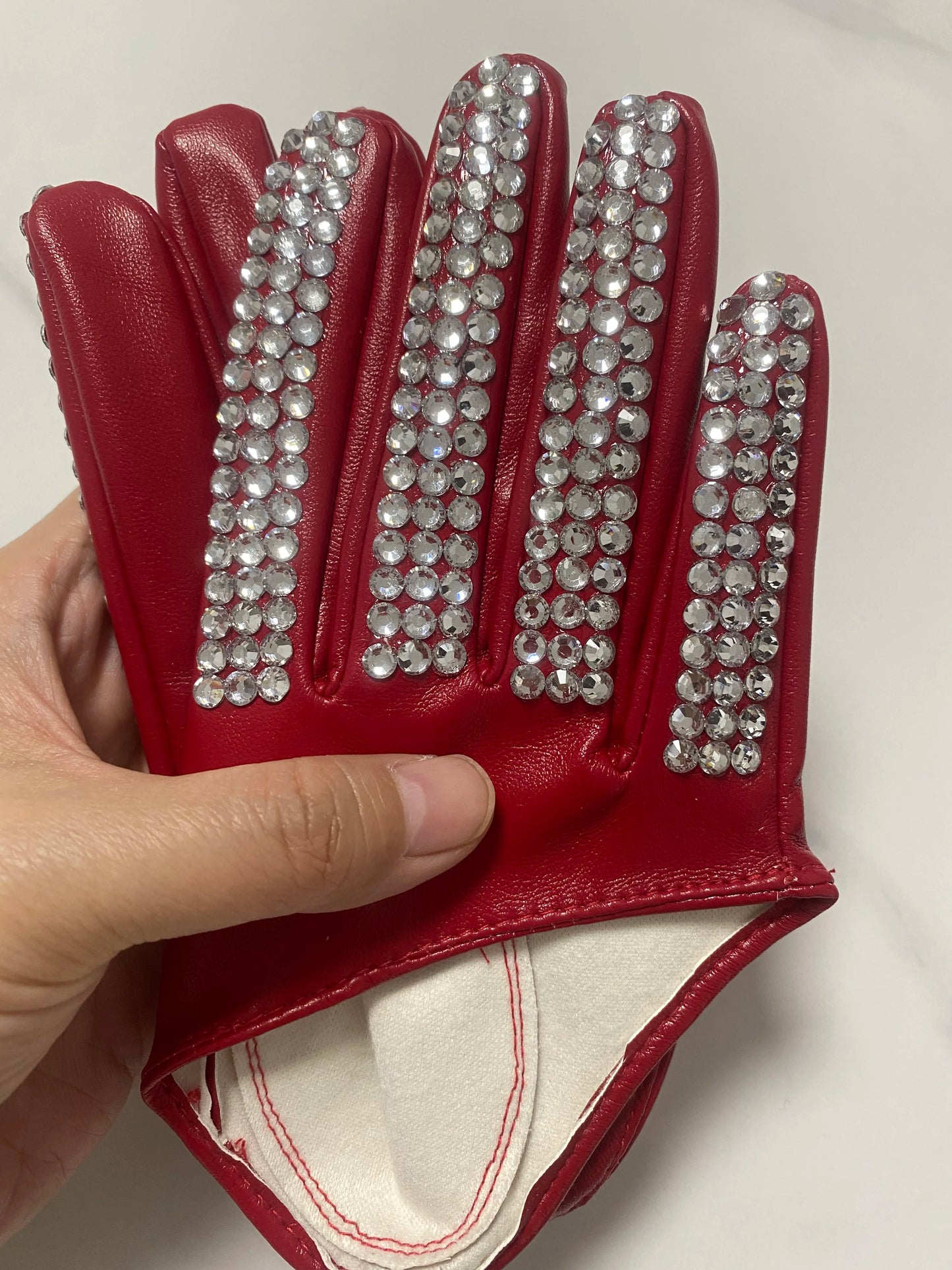 Women's fashion half palm Gloves lady's red white black PU leather gloves men's hip-hop rhinestone diy dancing gloves