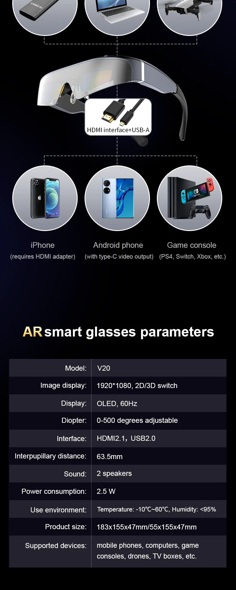 ENMESI V20 3D AR Smart Glasses 4K 200 Inch Max Screen VR All-in-One With Dual FHD Micro-OLED&0-500 Myopic Ddjustment for Phones