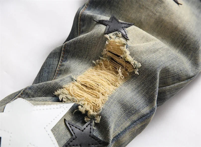 Mens Jeans with Embroidered Leather Patch Hole Punching Casual Black White Star Design by AMR