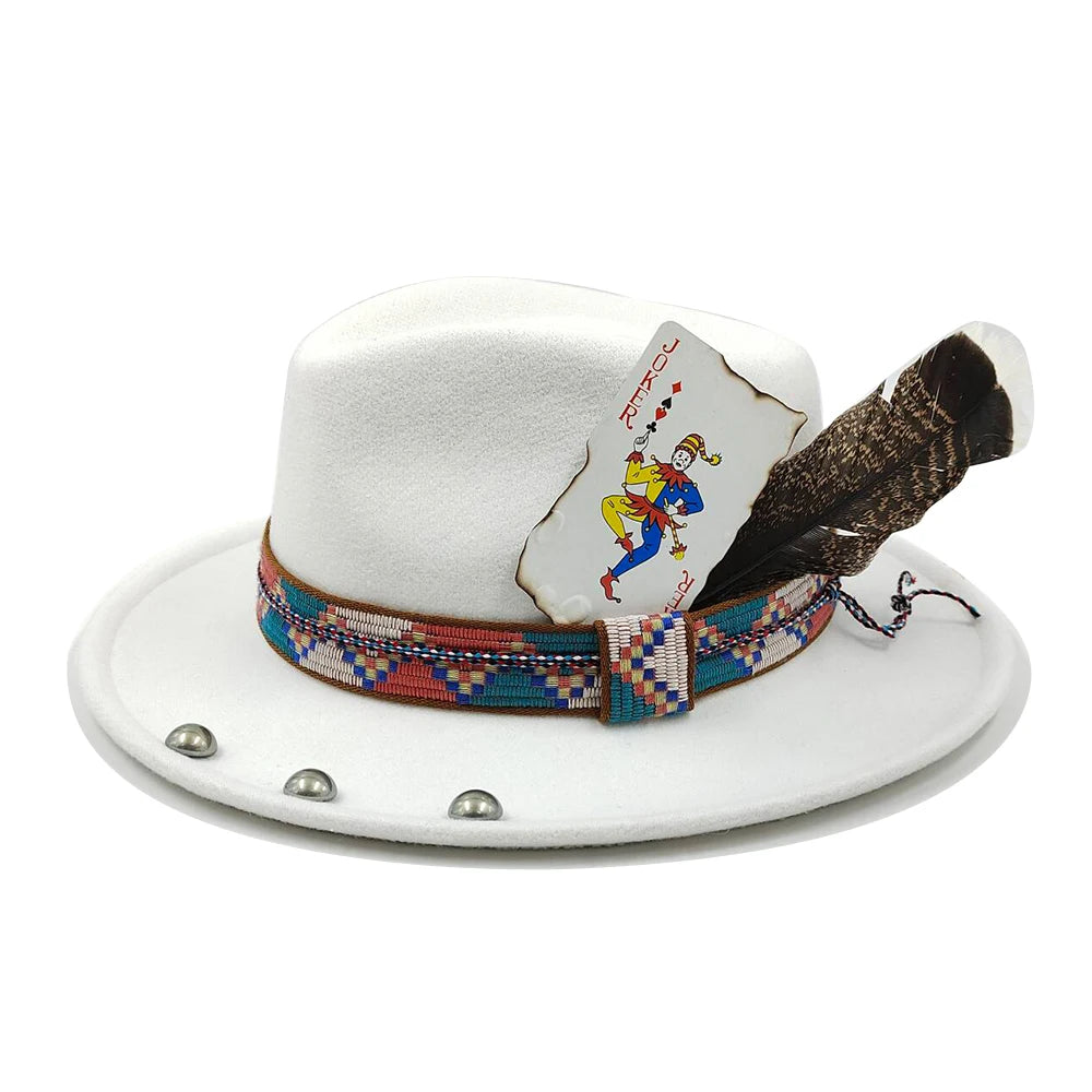 Feather Fedoras Hat for Men Women Black Felt Wide Brim Jazz Cap Plum Blossom 8 Playing Card