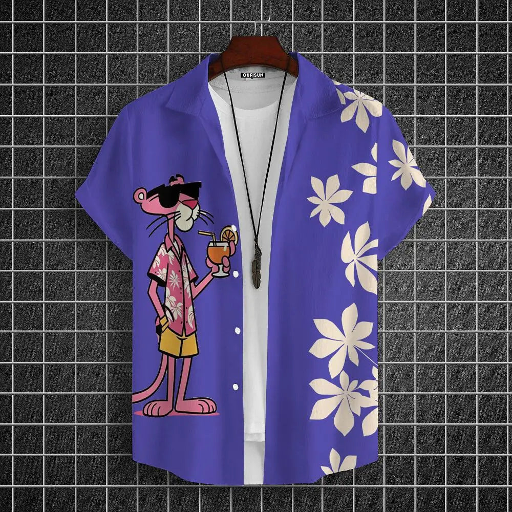 Men's  Cartoon leopard Graphic Print Short Sleeve Lapel Shirt Tops Men's Casual Button-Down Shirts For Summer Daily Wear Resort