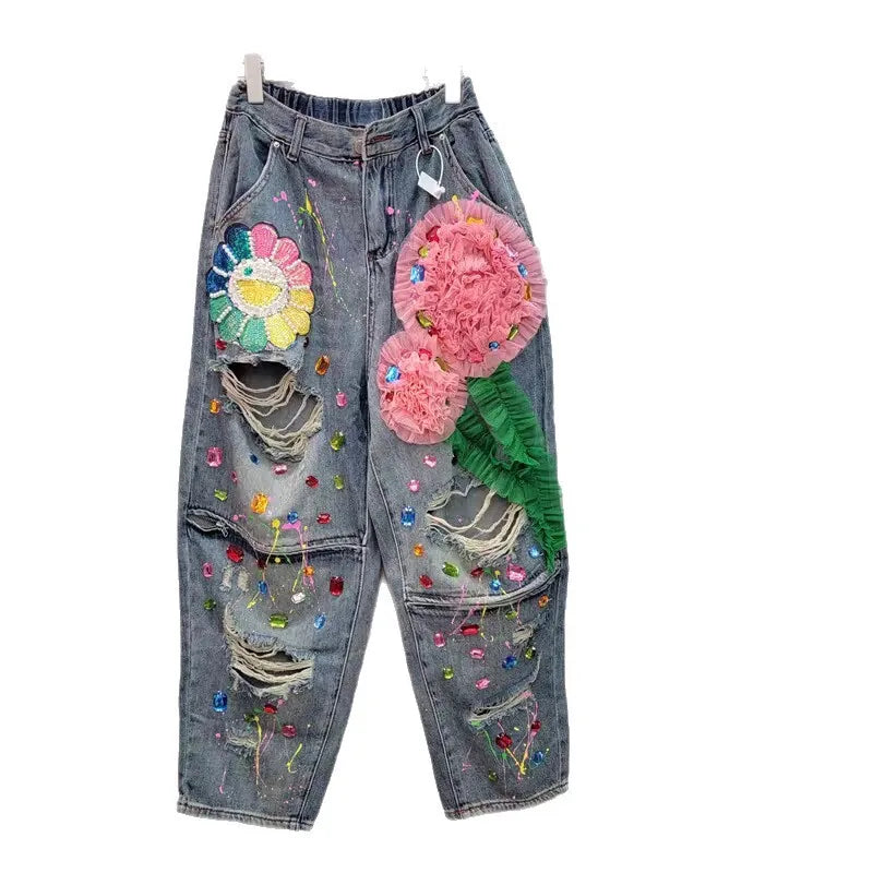 HKSH Spring Summer New Women Ins Chic High Street Three-dimensional Flower Diamonds Jeans Casual Elastic Waist Long Pants