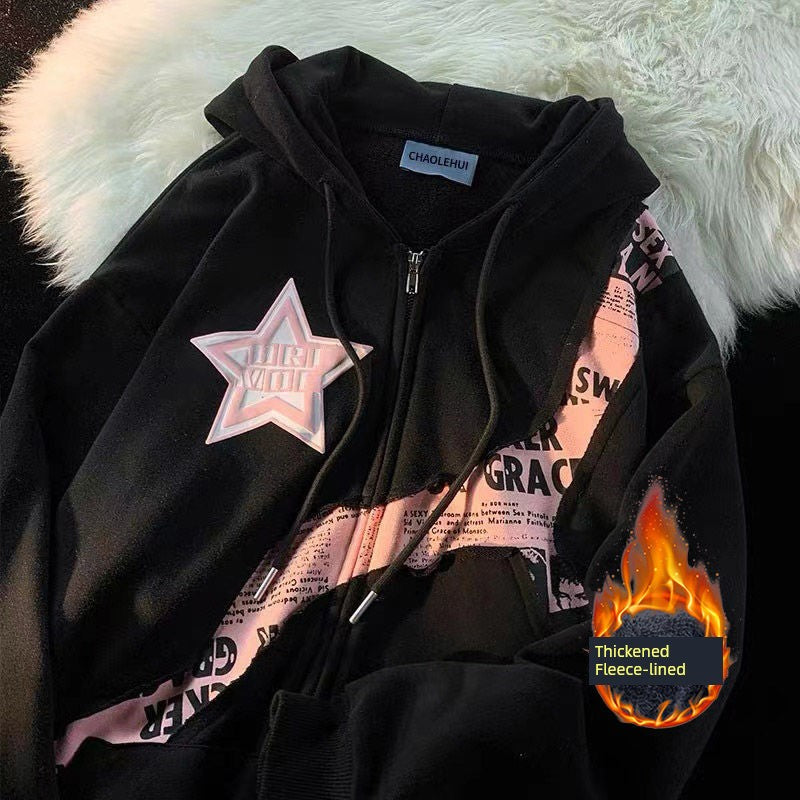 American Fried Street Star Letters Yabi Culture Patchwork Cardigan Sweatshirt Female Spring & Fall Y2g Sweet Cool Style Baggy Coat