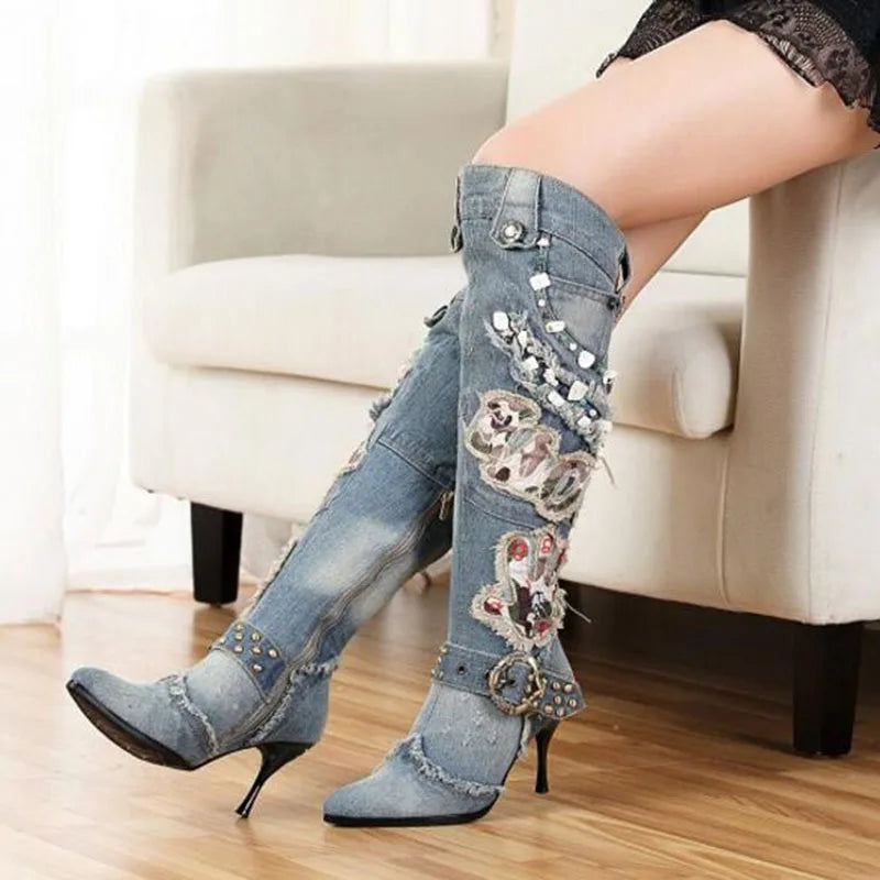 Women's Denim boots qiu dong high-heeled, bead high boots over-the-knee