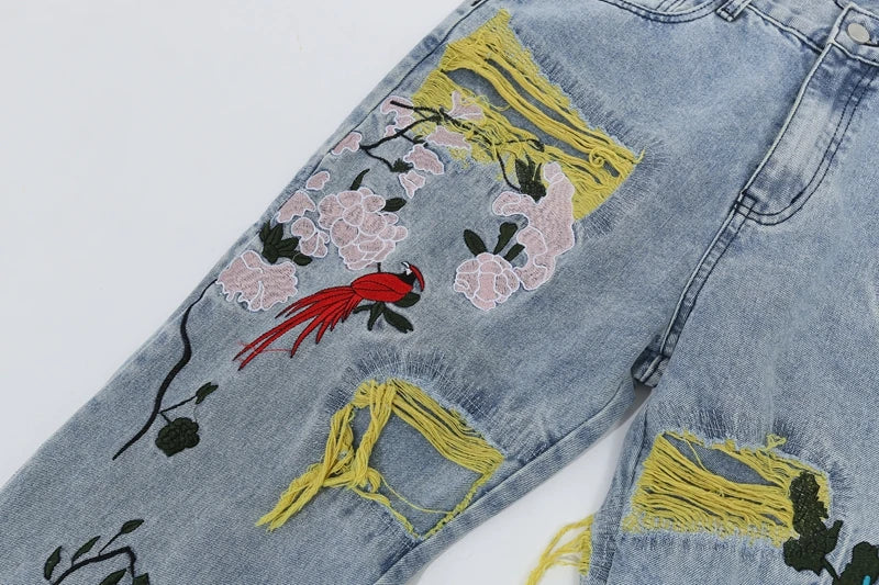 Embroidered Patch Denim Ripped  Streetwear Pleated Tassels Distressed Destroyed