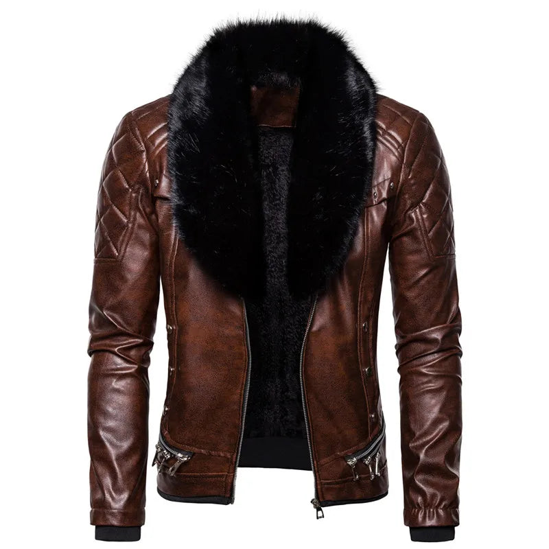 Motorcycle Leather Jacket Men Turn Down Fur Collar Slim Fit Warm PU Bomber Jackets Coats Mens Bikers