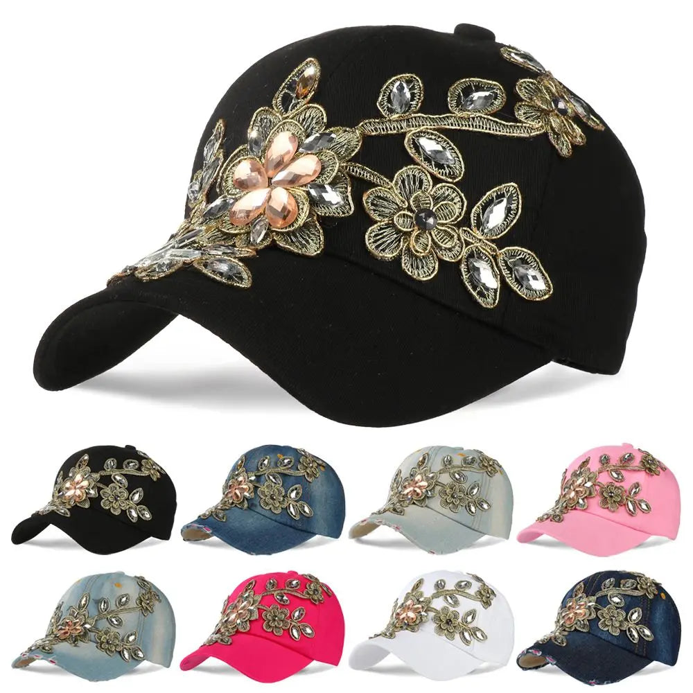 Diamond-studded Baseball Caps Cowboy Hat Cap Golden Flowers