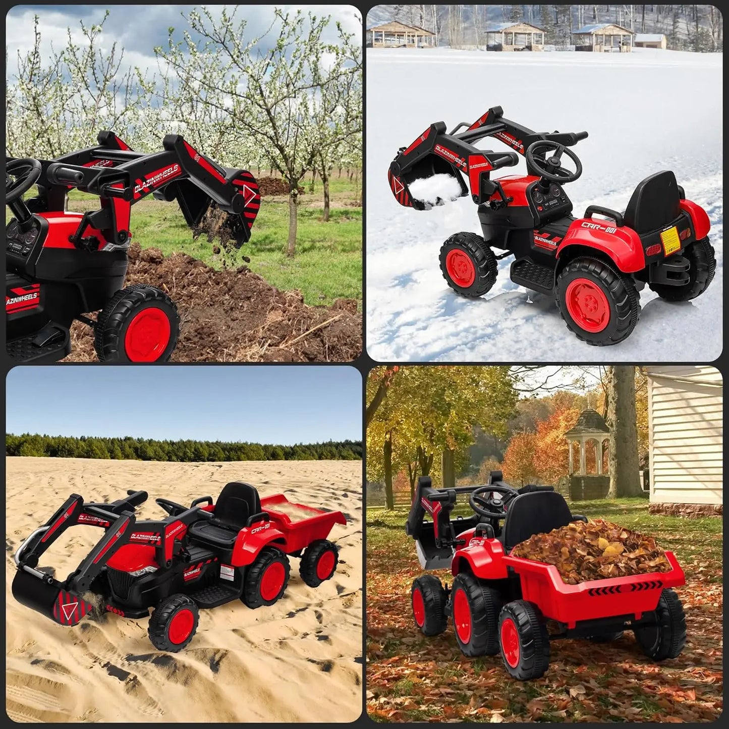 12V 3 in 1 Kids Ride On Excavator & Tractor with Detachable Trailer, Kids Electric Vehicles with Remote Control LED Lights Music