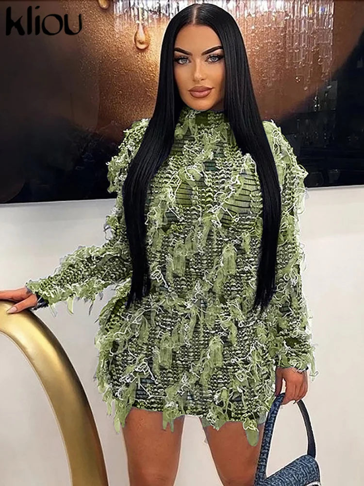 kliou Ruched Patchwork Mini Dress Women Striped Stacked Autumn Full Sleeve Crew Neck Holes Chic Bodycon Female Trend Streetwear