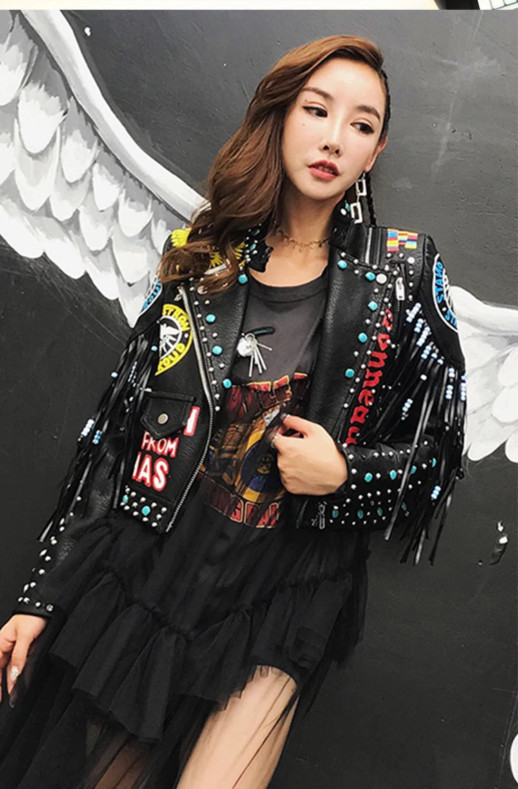 2026 new European style tassel rivet print trendy leather jacket motorcycle version street fashion