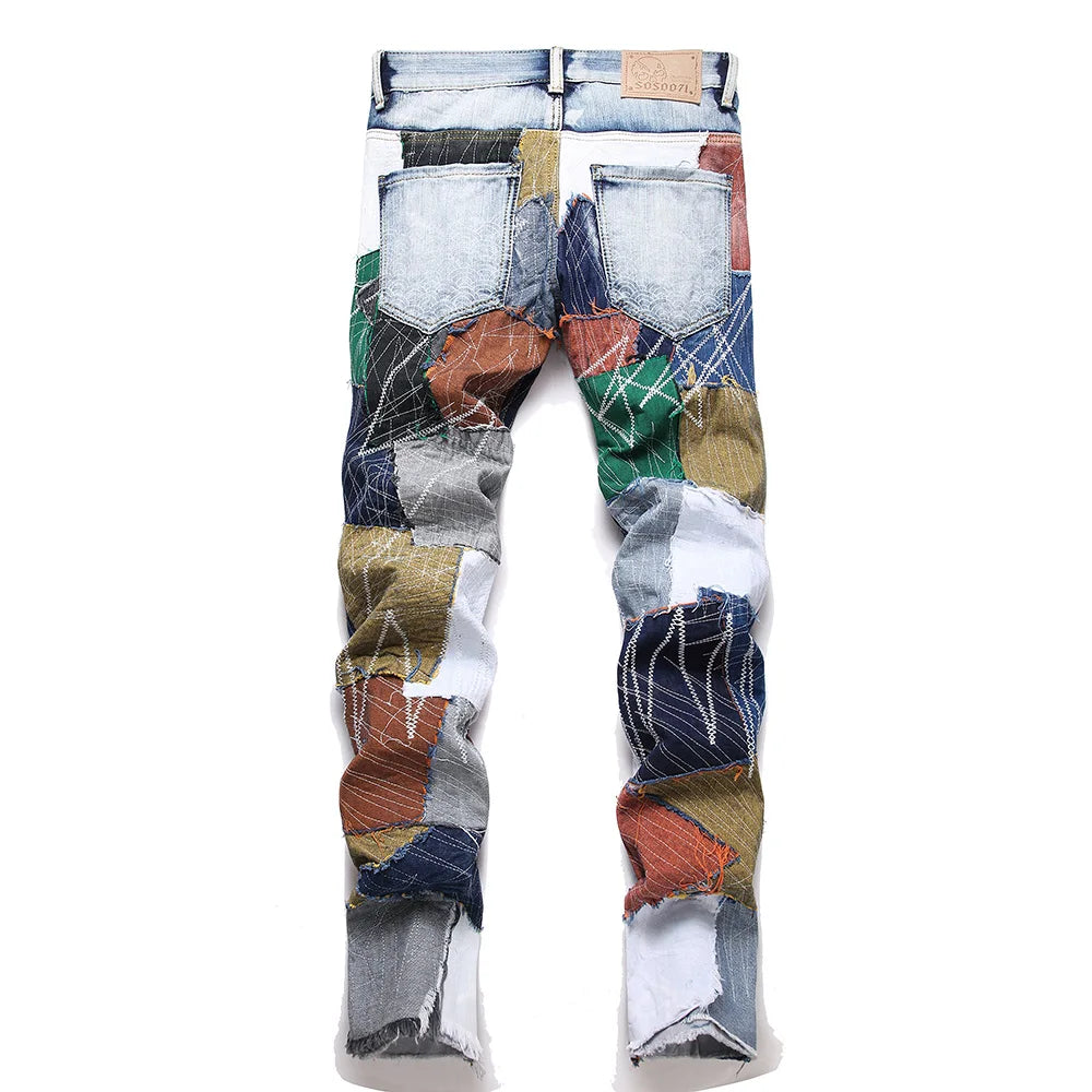 Men Patchwork Denim Jeans Release Hem Colorful Patches Embroidery Pants Non Stretch Cotton Slim Straight Trousers