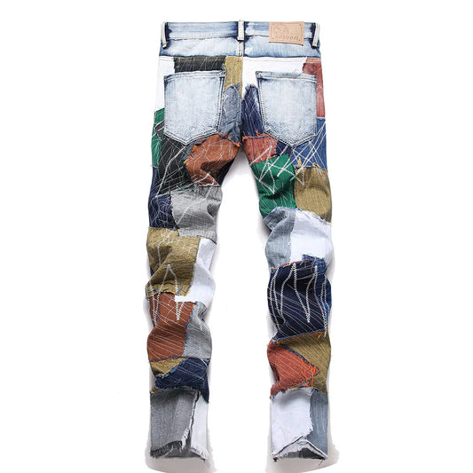 Men Patchwork Denim Jeans Release Hem Colorful Patches Embroidery Pants Non Stretch Cotton Slim Straight Trousers